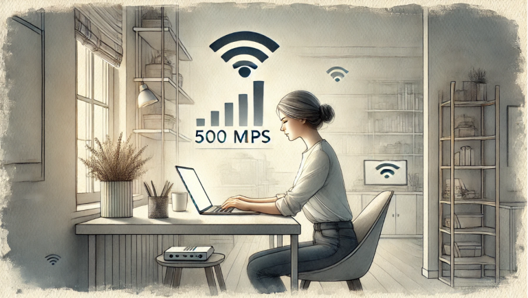 watercolor painting of a calm person trying to achieve 500 Mbps internet speed